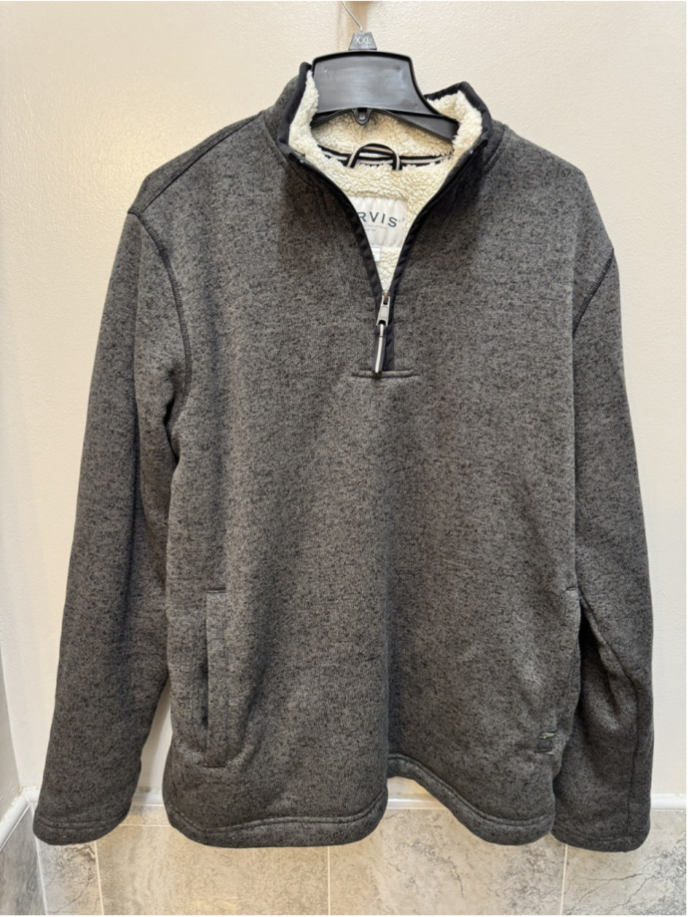 Orvis Mens Large Brighton 1/4 Zip Sherpa Lined Fleece Pullover Jacket Navy Blue